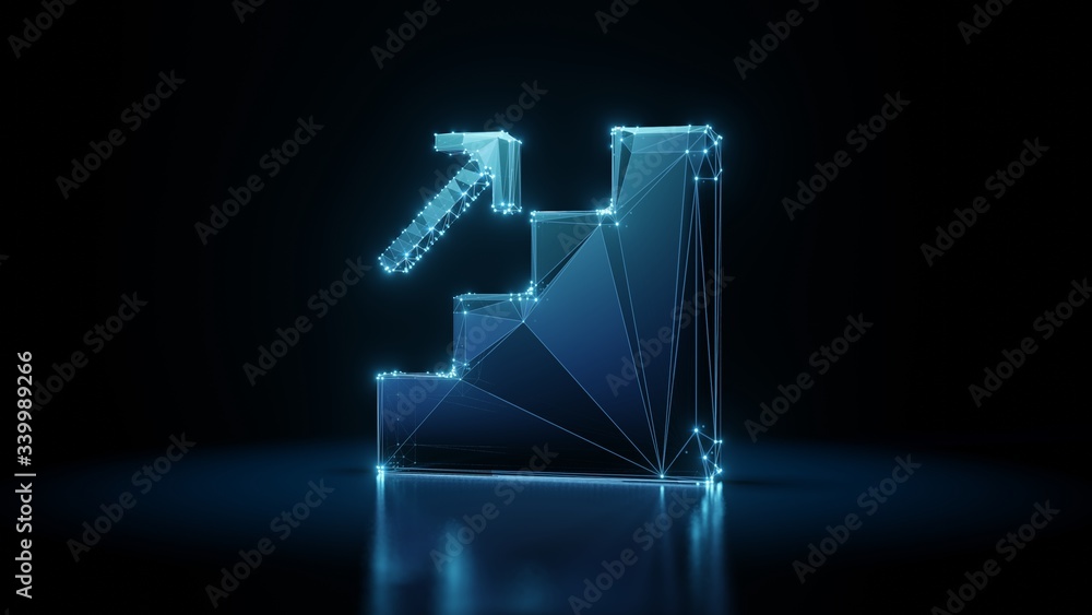Poster 3d rendering wireframe neon glowing symbol of promotion on black background with reflection