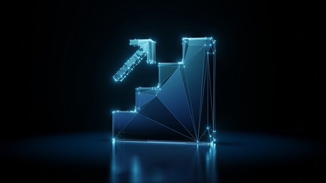 3d rendering wireframe neon glowing symbol of promotion on black background with reflection