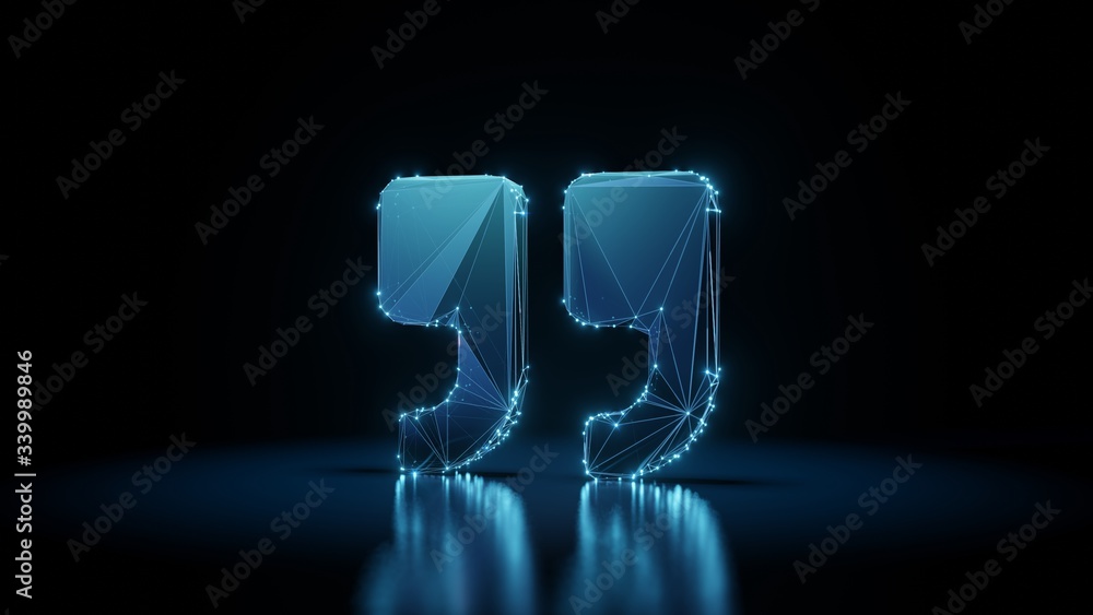 Poster 3d rendering wireframe neon glowing symbol of quote right on black background with reflection