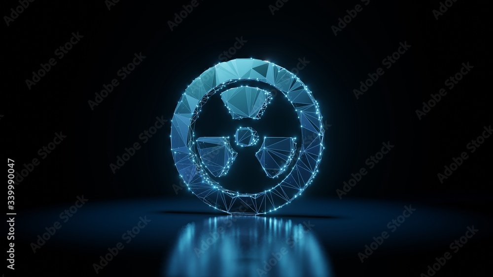 Poster 3d rendering wireframe neon glowing symbol of radiation on black background with reflection