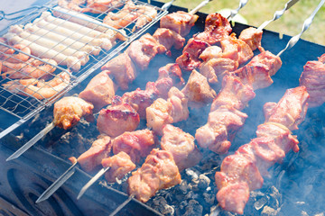 fresh juicy shish kebab sausages and prawns fried on coals on a barbecue in the backyard