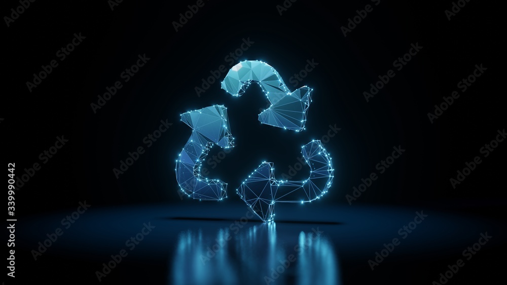 Poster 3d rendering wireframe neon glowing symbol of recycle on black background with reflection