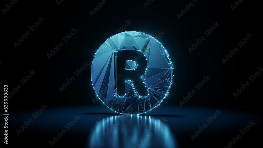 Aufkleber 3d rendering wireframe neon glowing symbol of registered on black background with reflection