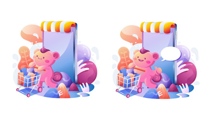 Cute Mascot Character Illustration With Shopping Cart in Front of a Smartphone in Colorful Theme