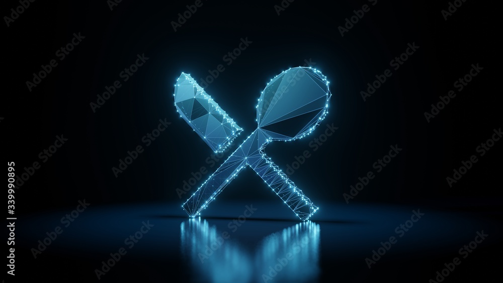 Poster 3d rendering wireframe neon glowing symbol of restaurant on black background with reflection