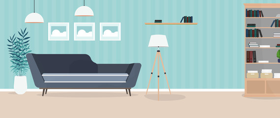 Modern bright room. Living room with a sofa, wardrobe, lamp, paintings. Furniture. Interior. Vector.