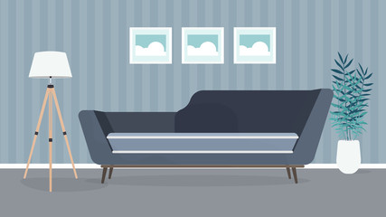 Modern room. Living room with a sofa, lamp, paintings. Furniture. Interior. Vector.