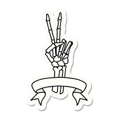 tattoo sticker with banner of a skeleton hand giving a peace sign