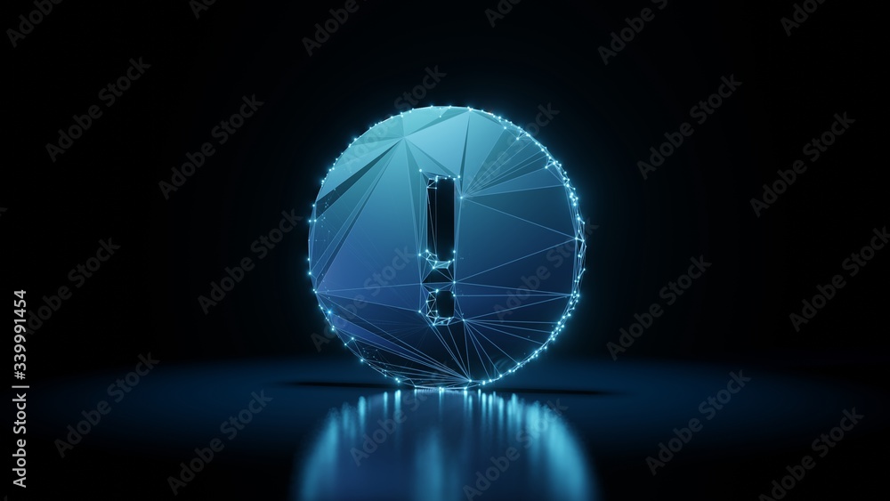 Poster 3d rendering wireframe neon glowing symbol of round on black background with reflection