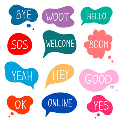 Hand draw   set bubble talk phrases. Online chat clouds with different words comments information shapes vector isolated on white background