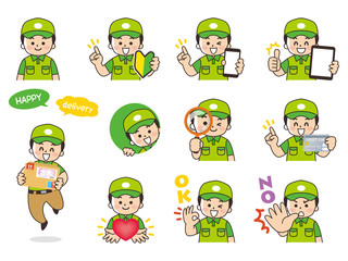 宅配便の男性バリエーション　初心者マーク　スマートフォン　タブレット　虫眼鏡　クレジットカード　ハート　OK　NO