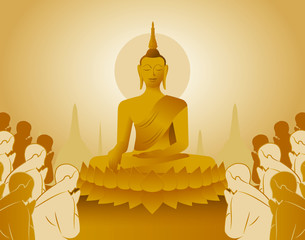 beautiful Vector of Lord of gold en Buddha Enlightenment mediating sitting on lotus flower with crowd of monk for Makha, Visakha, Asarnha Bucha, Visak and buddhist lent day asia holiday vintage retro