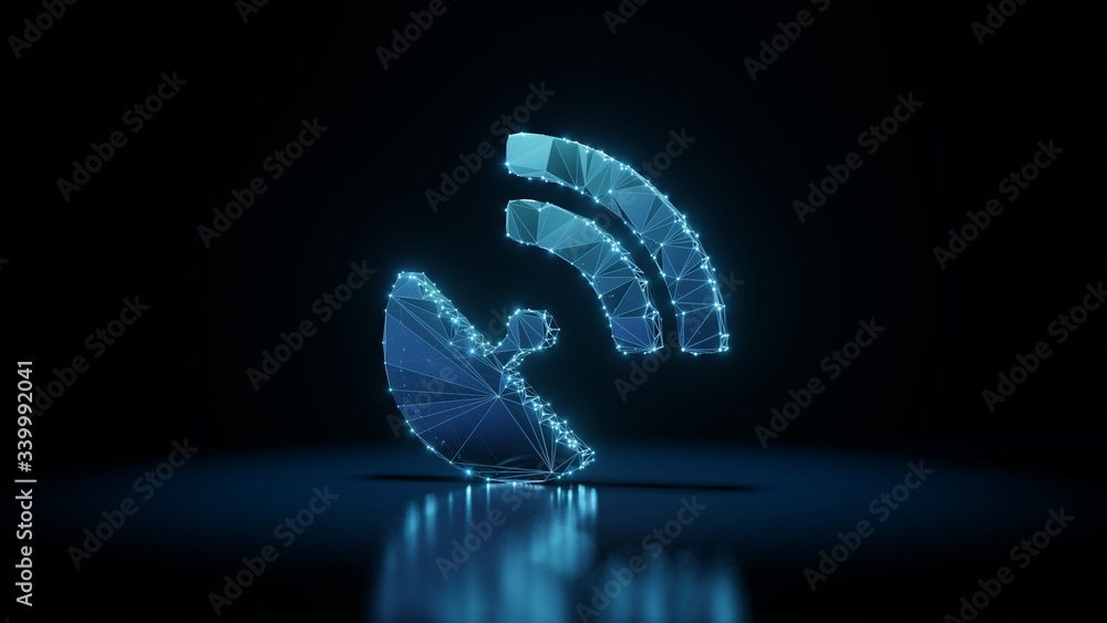Poster 3d rendering wireframe neon glowing symbol of satellite dish on black background with reflection