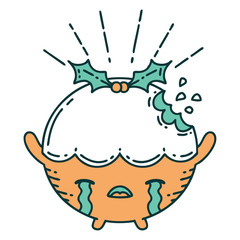 traditional tattoo style christmas pudding character crying