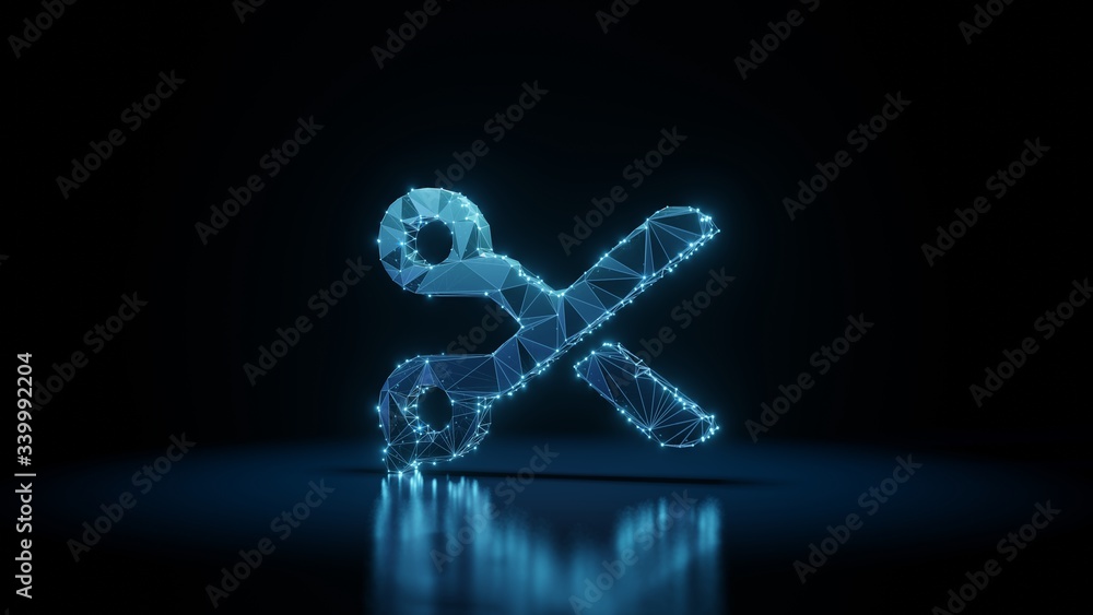 Wall mural 3d rendering wireframe neon glowing symbol of scissors on black background with reflection