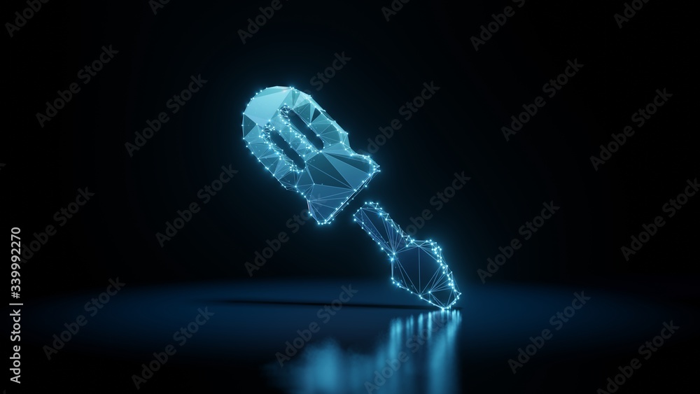 Poster 3d rendering wireframe neon glowing symbol of screwdriver on black background with reflection