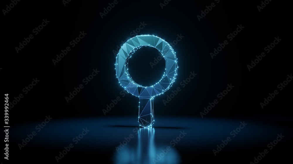 Poster 3d rendering wireframe neon glowing symbol of search on black background with reflection