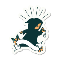 sticker of tattoo style assassin with knife