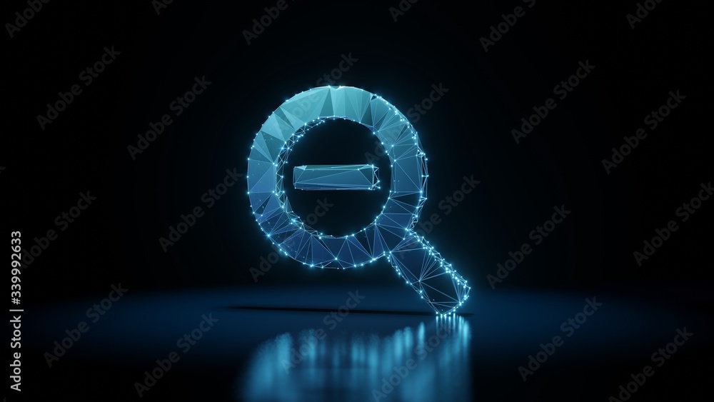 Poster 3d rendering wireframe neon glowing symbol of search minus on black background with reflection