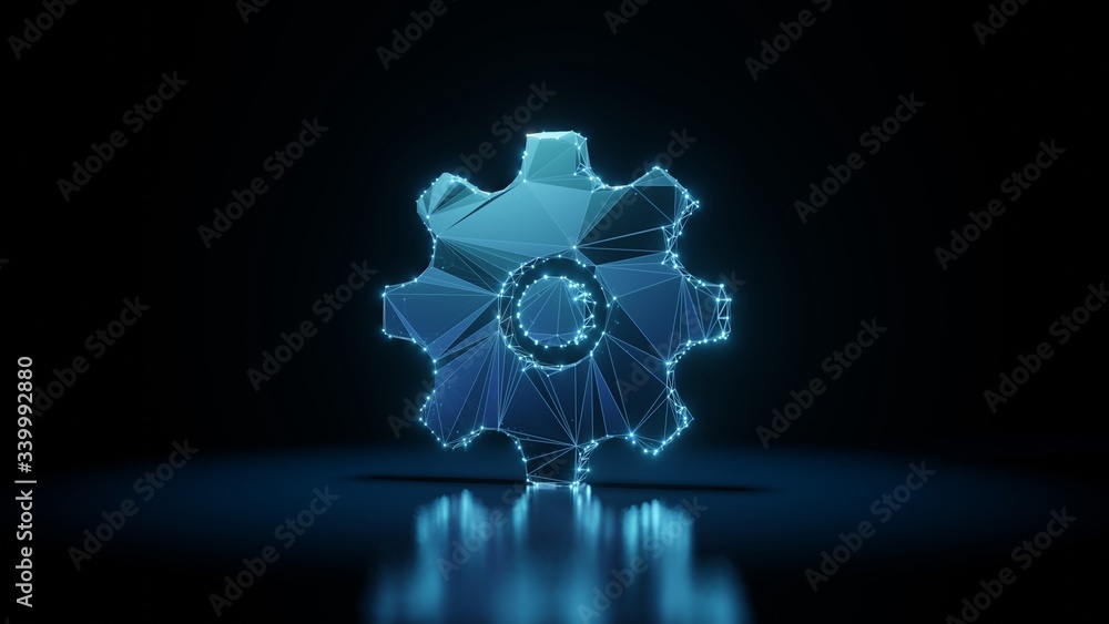 Poster 3d rendering wireframe neon glowing symbol of settings on black background with reflection