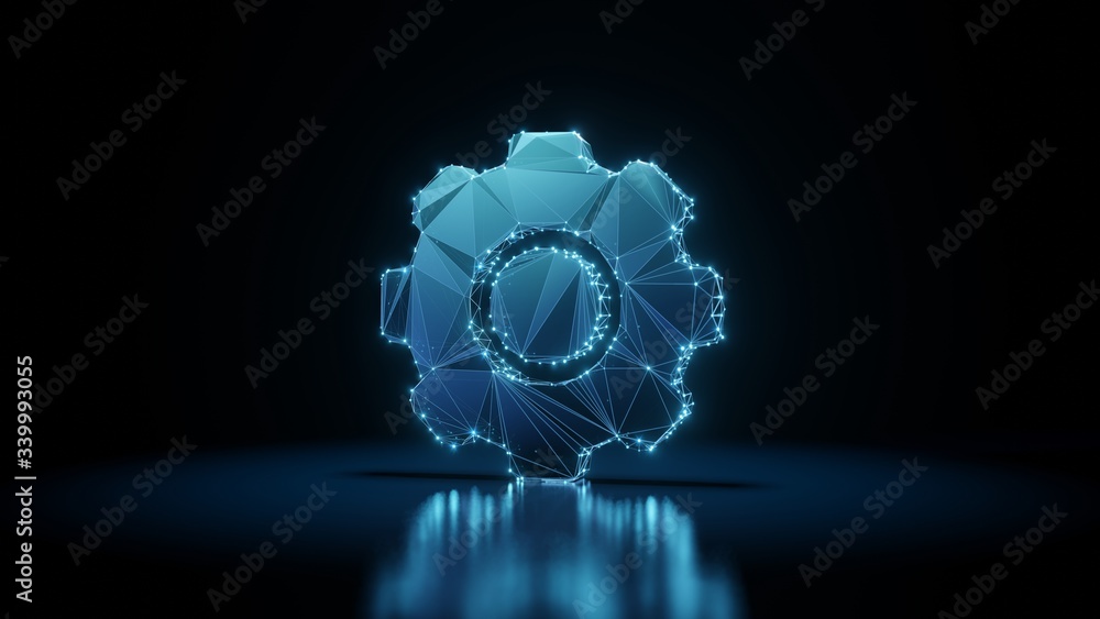 Poster 3d rendering wireframe neon glowing symbol of settings on black background with reflection