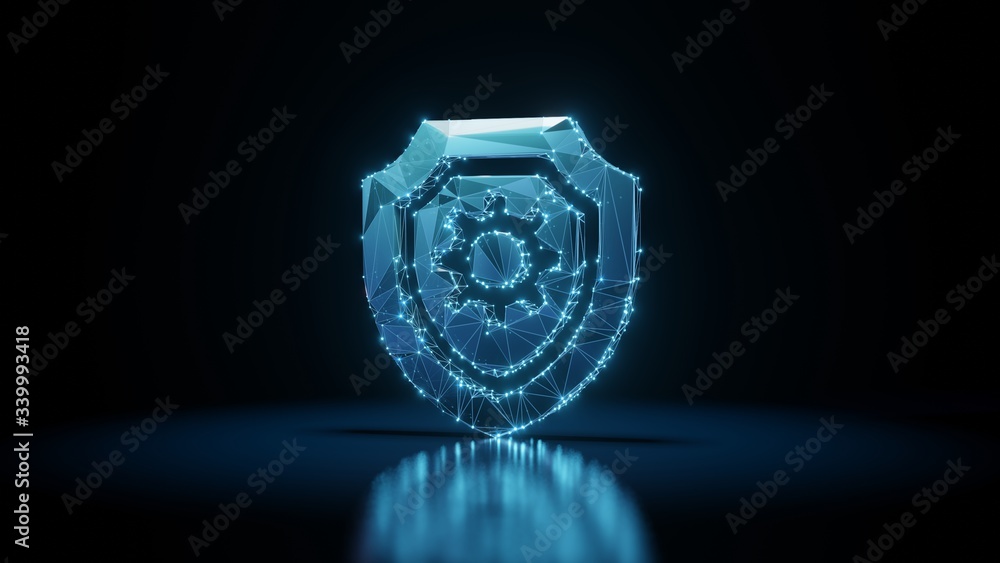 Poster 3d rendering wireframe neon glowing symbol of shield on black background with reflection