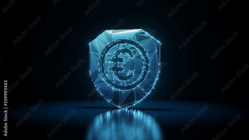 Poster 3d rendering wireframe neon glowing symbol of shield on black background with reflection