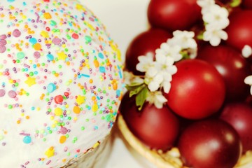 Painted red and burgundy eggs for Easter holiday.