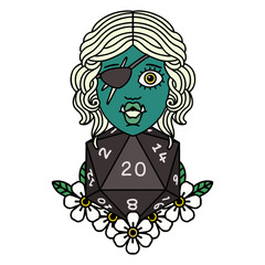 half orc rogue with natural twenty dice roll illustration