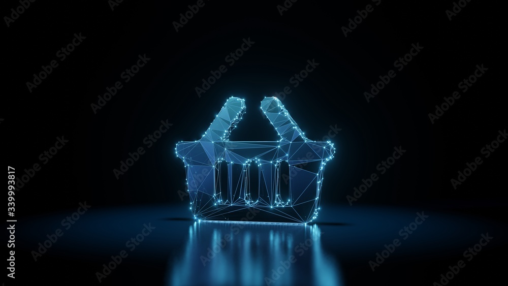 Poster 3d rendering wireframe neon glowing symbol of shopping basket on black background with reflection