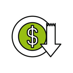 money coin with down arrow icon, half color half line