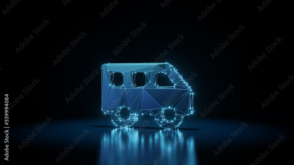 Poster 3d rendering wireframe neon glowing symbol of shuttle van on black background with reflection