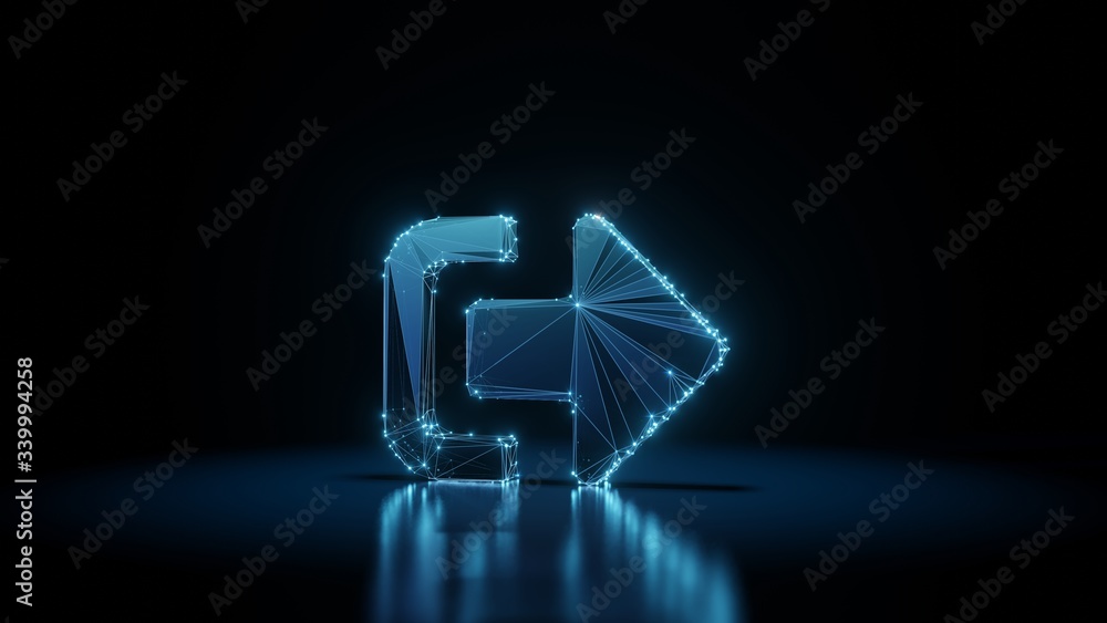 Poster 3d rendering wireframe neon glowing symbol of sign out alt on black background with reflection