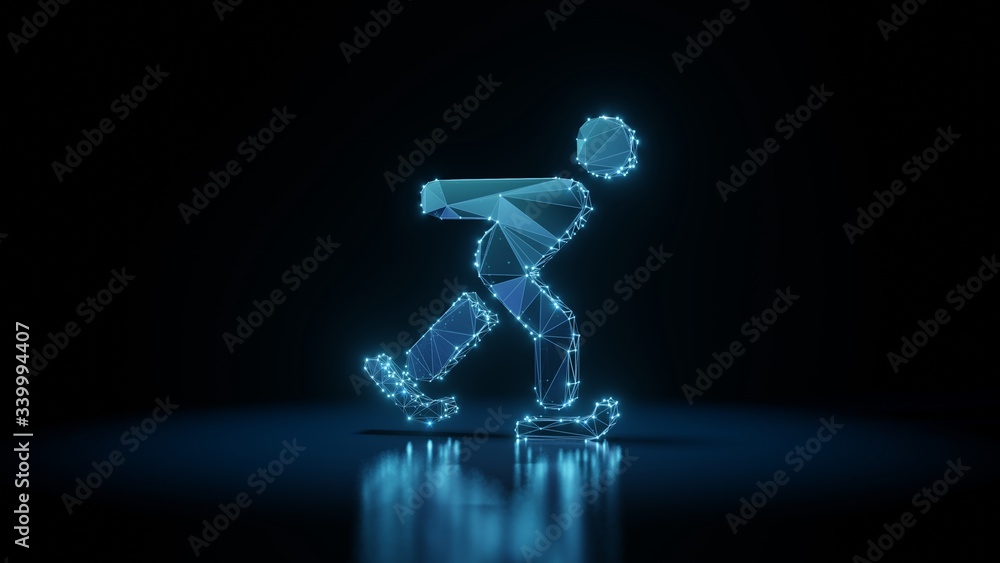 Poster 3d rendering wireframe neon glowing symbol of skating on black background with reflection