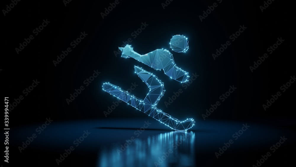 Poster 3d rendering wireframe neon glowing symbol of skiing on black background with reflection