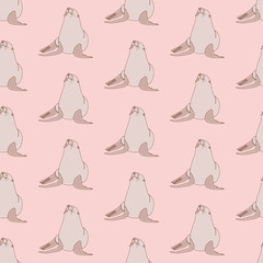 Happy sea lion pattern illustration. Kawaii pinniped seamless vector background.