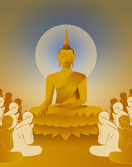 beautiful Vector of Lord of gold en Buddha Enlightenment mediating sitting on lotus flower with crowd of monk for Makha, Visakha, Asarnha Bucha, Visak and buddhist lent day blue background retro style