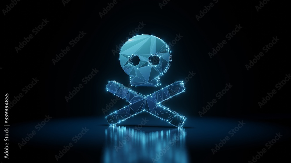 Poster 3d rendering wireframe neon glowing symbol of skull crossbones on black background with reflection