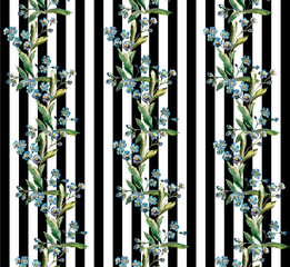 Summer blue blooming flowers on black vertical striped background. Seamless forget me not bouquet pattern, romantic garden botanical illustration for fashion fabric, interior textile and prints
