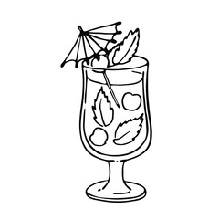 Cocktail line icon. Hand drawn ink vector illustration isolated on white background. Fruit icon for logotype, infographic, website or menu design.