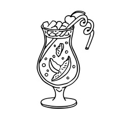 Cocktail line icon with citrus slice. Hand drawn ink vector illustration isolated on white background for logotype, infographic, menu design.