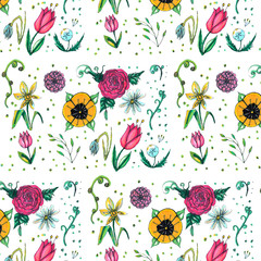 Spring garden seamless pattern design. Nature illustration.