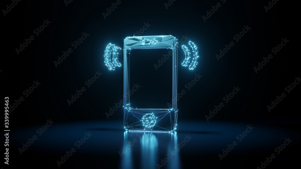 Aufkleber 3d rendering wireframe neon glowing symbol of smartphone on black background with reflection