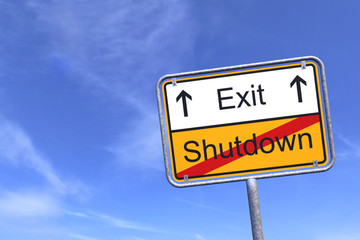 3d render of a traffic sign with the message shutdown and Exit