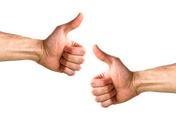 Two male hands show thumb up, business concept. Hand on a white background. Shows class. Thumbs up.