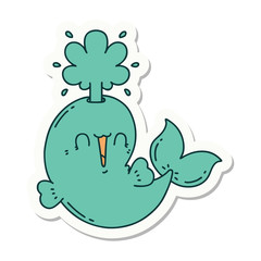 sticker of tattoo style happy squirting whale character