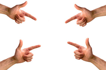 Male hands point fingers to an object . Symbol of choice.Fingers point to each other on white background