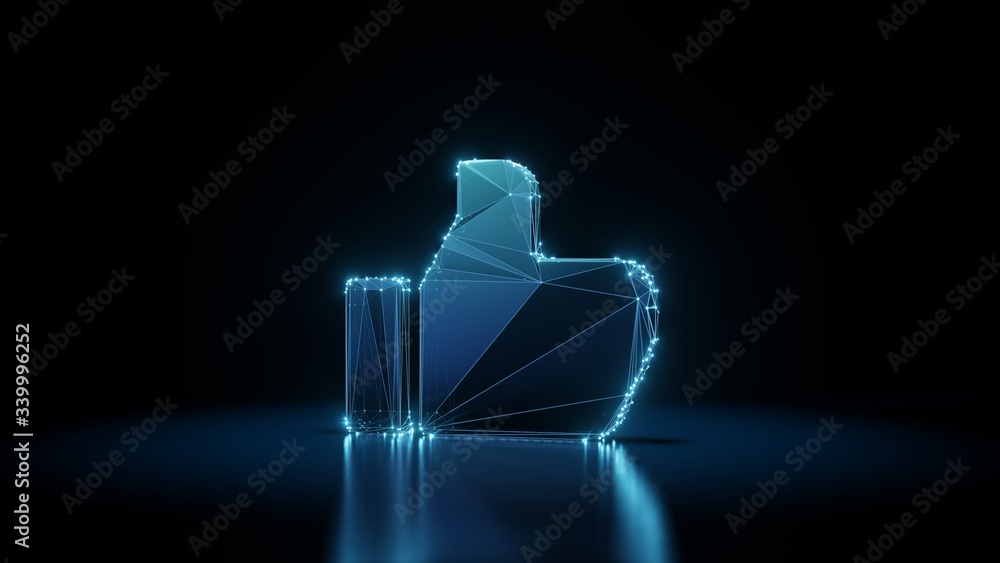 Poster 3d rendering wireframe neon glowing symbol of social like on black background with reflection