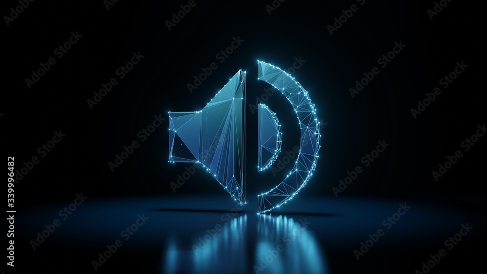 Poster 3d rendering wireframe neon glowing symbol of sound on black background with reflection