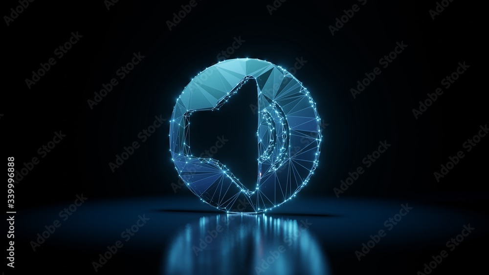 Aufkleber 3d rendering wireframe neon glowing symbol of speaker on black background with reflection